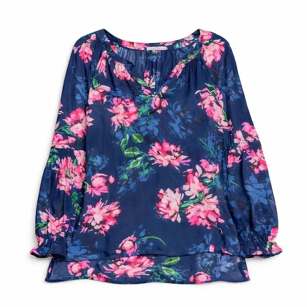 Sioni Tunic Blouse Vibrant Floral V-Neck Long Sleeve Flowy Casual Boho Shirt L